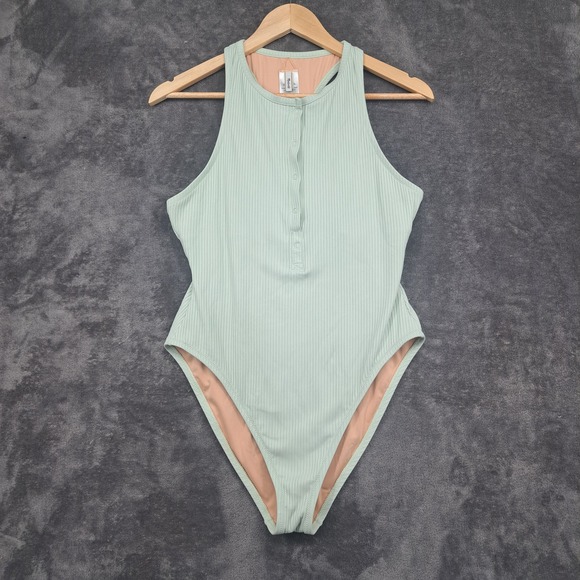 Madewell Other - Madewell Second Wave Henley One-Piece Swimsuit in Mint Green Ribbed Large Beach